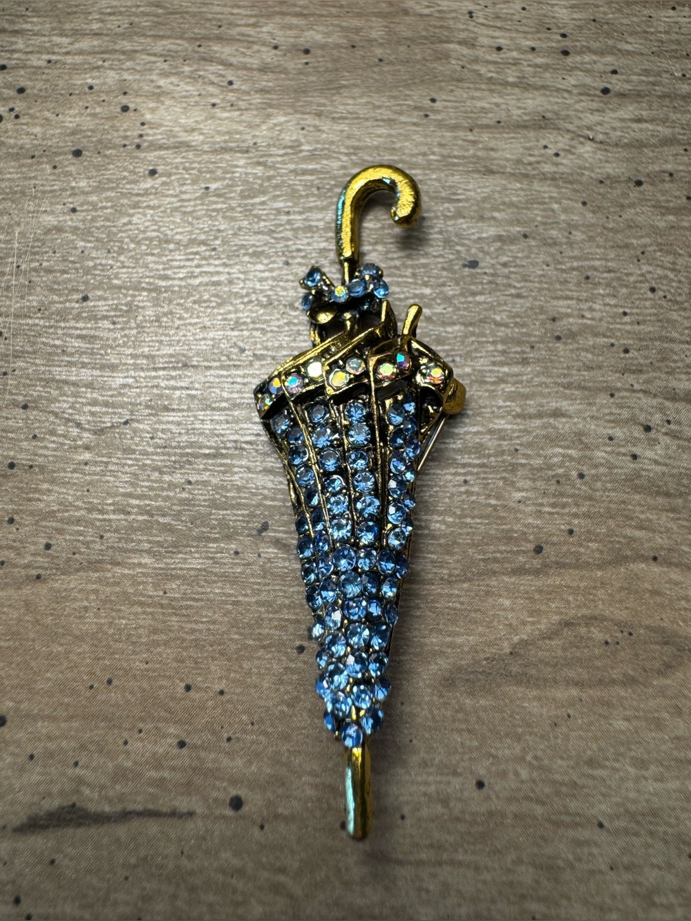 Gold-Tone Blue Crystal Umbrella Brooch - Unbranded